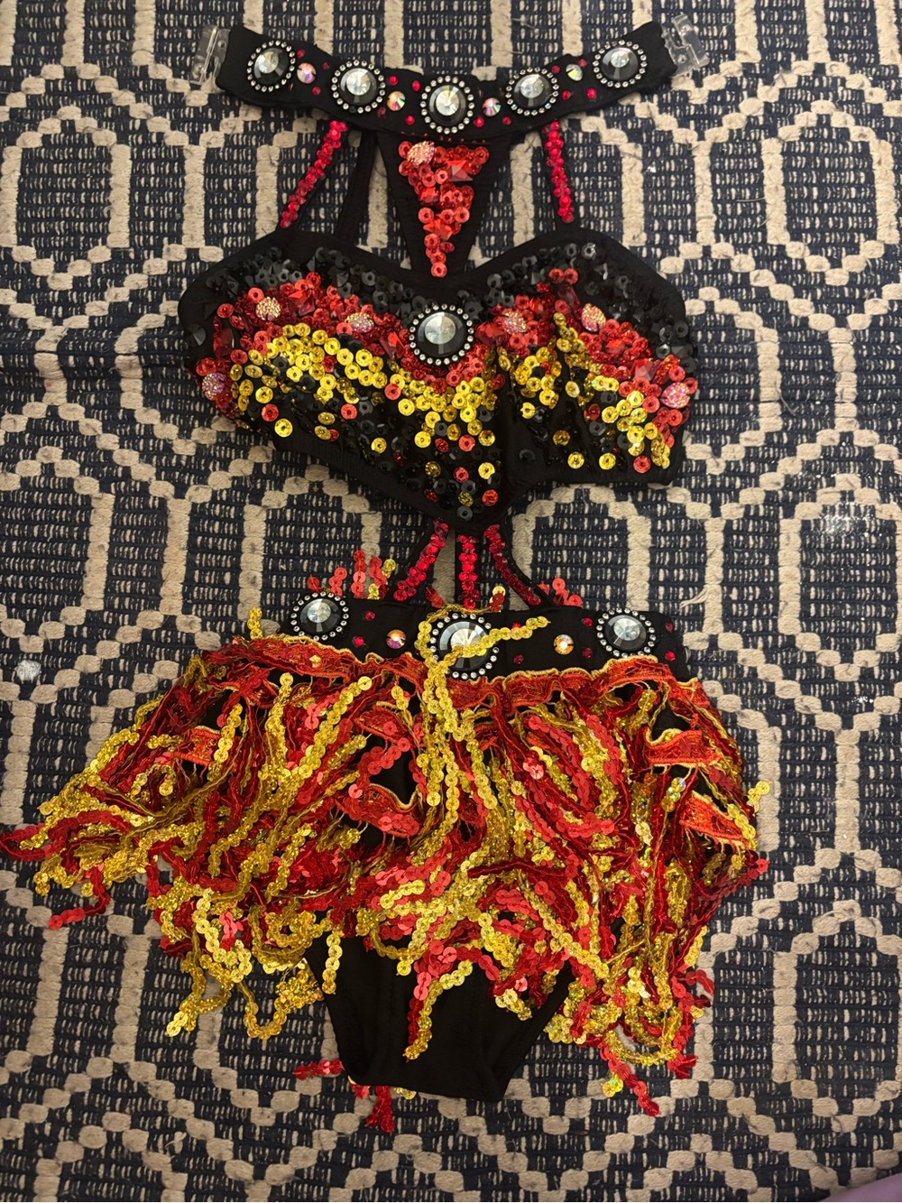 Glamour Black Sequin Dance Costume with Red and Yellow Fringe